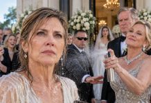 After a twelve-hour flight, I arrived at my daughter’s wedding exhausted but smiling—until her in-laws blocked the entrance. “People like you don’t belong at a wedding like this,” her mother-in-law sneered before spraying water across my dress. Everyone laughed. I wiped my face, looked straight at her, and said, “Enjoy this moment.” She didn’t know why I had really flown twelve hours… or whose name was on the papers inside my bag.