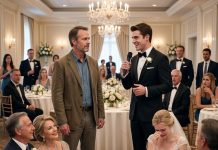 At my daughter’s wedding, the groom raised his glass, pointed at my worn jacket, and laughed, “Don’t worry, folks—that’s not a local beggar. That’s my father-in-law.” His parents burst out laughing while my daughter turned pale. I simply walked up, took the microphone, and smiled. “You’re right, Chase. I didn’t pay for this wedding…” I paused. “I only own the building.” And suddenly, nobody was laughing.