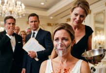 I could barely breathe through my allergy mask when my husband’s mistress dumped an entire bowl of meat sauce over my pristine white dress at the charity gala. She leaned close and whispered, “Die quietly, so I can take your place.” I didn’t panic. I simply raised one trembling hand toward my attorney across the room. He nodded—and activated the clause that would destroy them both.