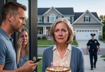 On my daughter’s birthday, my son-in-law opened the door just seven centimeters and sneered, “You’re not welcome here.” Then he called the police while I watched my daughter cry behind the glass. I handed the officer my ID and whispered, “Ask her yourself.” Eric thought he had humiliated me. He had no idea my daughter had secretly sent me a letter—and what was inside that blue envelope could destroy everything he had built.