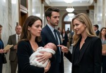 I walked into divorce court carrying our six-week-old daughter, and my husband was already there with his mistress. She looked at my baby, smirked, and said, “You really think that’s going to make him stay?” I said nothing. Twenty minutes later, my lawyer stood and called her name as a witness. The smile vanished from her face—because she had no idea we had traced nearly $240,000 straight to her company.