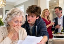 “Grandma, pack your bag. NOW,” my grandson whispered, his face drained of color as he shoved a folder into my hands. Inside were copies of my signature, a fake medical report declaring me incompetent, and one chilling note: Transfer the lake property immediately. I looked toward the kitchen where my own daughter was laughing over wine. That was when I realized they hadn’t invited me here to protect me…