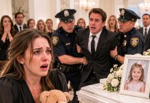 At my five-year-old daughter’s funeral, I clutched her favorite teddy bear while my husband—her stepfather—repeated his story about the “tragic accident.” I placed the toy beside her tiny coffin and pressed the hidden playback button, desperate to hear her recorded laughter one last time. Instead, her frightened voice whispered, “Please stop… you’re hurting me.” Then my husband’s voice followed…