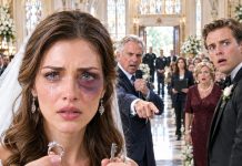 On my wedding day, I walked down the aisle with a black eye. “Sweetheart, who did this?” Mom whispered. Before I could answer, my fiancé smiled. “She tripped. She’s fine. ” Dad stared at him for a long moment, then slowly stood. “No… She didn’t.” Seconds later, he did something no one expected. The entire room froze.