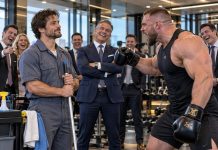 “Come on, janitor! Three minutes in the ring, unless you’re scared!” the CEO’s massive bodyguard shouted as the executives laughed. I looked at him, smiled, and asked, “You sure?” Seconds later, his 250-pound body crashed onto the canvas. The entire room froze. “Who the hell are you?” he gasped. Before I could answer, a retired admiral stood up and whispered, “Commander Carter? Is that really you?”