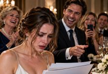 ON OUR ANNIVERSARY, MY HUSBAND HANDED ME A GIFT BOX IN FRONT OF HIS ENTIRE FAMILY. INSIDE WERE DIVORCE PAPERS. “MY GIFT TO MYSELF,” HE LAUGHED. HIS MOTHER APPLAUDED. I SIGNED THEM. THEN THE WAITER APPROACHED. “MA’AM, YOUR GUEST HAS ARRIVED.” HE TURNED AROUND AND WENT PALE.