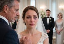 My father was halfway down the aisle with me when his hand suddenly tightened around mine. His eyes locked on the dark bruise beneath my makeup, and his face changed. “Who did this to you?” he demanded. I couldn’t answer. I just looked toward the altar. Dad followed my gaze to the man waiting there, then whispered, “You don’t have to say his name.” The music kept playing—but my father stopped walking.
