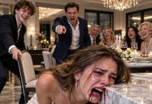 My husband’s 19-year-old cousin pulled my chair away at dinner, smashing my jaw against the marble counter. “Stop crying!” my husband shouted. “It was just a joke!” His entire family laughed while I lay bleeding on the floor. But three hours later, I received security footage that made my blood run cold. The boy hadn’t acted alone. Someone had given him a signal—and when I saw who it was, I knew my marriage was over…