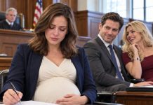 Eight months pregnant, I signed away our house, savings, and company while my husband’s mistress laughed. “Some women know when they’ve lost.” I only said, “I want to leave in peace.” Then my six-year-old walked into court clutching his rabbit. “Do I have to tell what Daddy did?” My husband jumped up. But our son was already holding out a blue envelope—and suddenly, nobody was smiling.