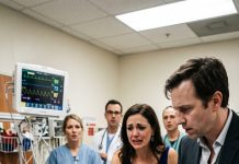 I could barely breathe when they placed my newborn on my chest, my body covered in blood and my husband gripping my hand. Then the woman in the blue dress stepped forward, trembling. “Tell her the truth,” she whispered. My husband went completely still. I stared at him through the oxygen mask. “What truth?” His face collapsed. Then she pointed at my baby—and said five words that changed everything.