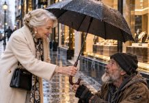 I gave a homeless man my umbrella during a freezing rainstorm. The next morning, he walked into my luxury watch shop, and my daughter turned deathly pale. “GET HIM OUT! NOW!” she screamed. But the man calmly placed a broken gold watch on my counter. “Ask your daughter why this watch was stolen from your vault,” he whispered. I looked at her trembling hands… and realized something horrifying.